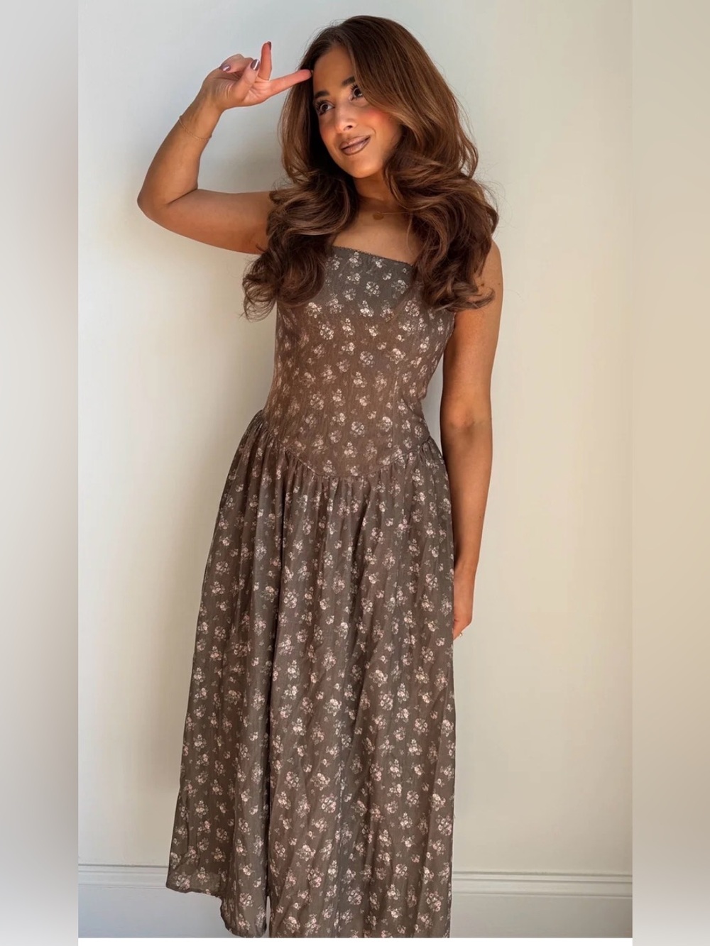 Strapless Floral Midi Dress in olive green/Brown size large